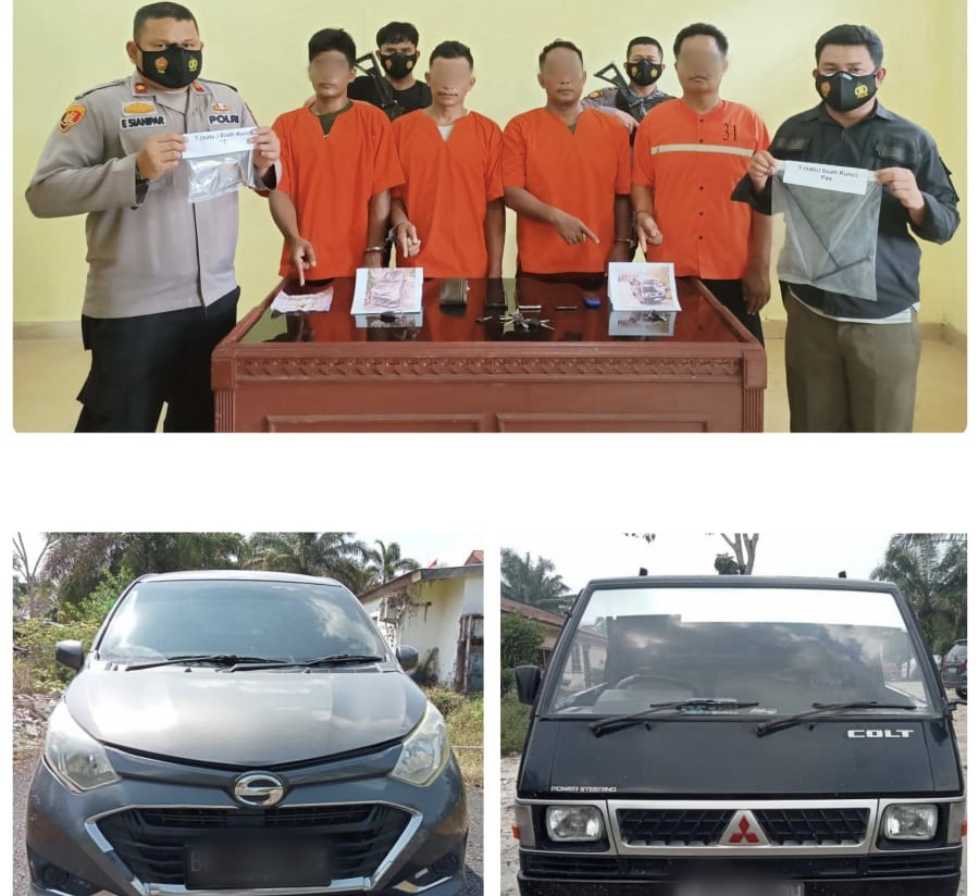 Empat tersangka pencuri spesialis mobil pick up saat diamankan di Polsek Pinggir (atas) bersama barang bukti (bawah).