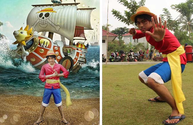 M Dwi Nanda Syuhada beraksi menghinakan karakter dan kostum Monkey D Luffy