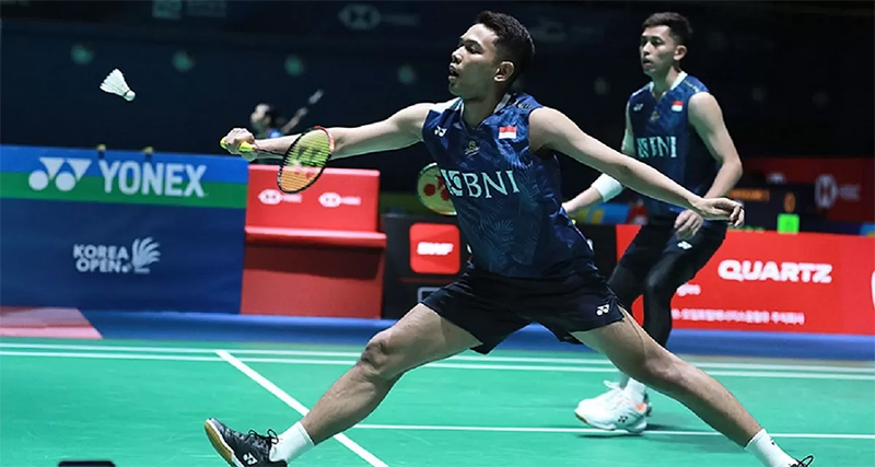 Fajar Alfian/Muhammad Rian Ardianto atau FajRi mengalahkan ganda putra Malaysia Goh Sze Fei/Nur Izzuddin di perempat final Korea Open 2023, Jumat (21/7/2023).