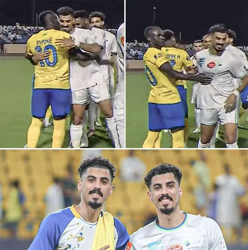 Reaksi wide attacker Al Nassr FC Sadio Mane setelah berangkulan dengan bek Al Fateh SC Qassem Lajami. Qassem tak lain saudara kembar rekan seklub Mane, Ali Lajami.