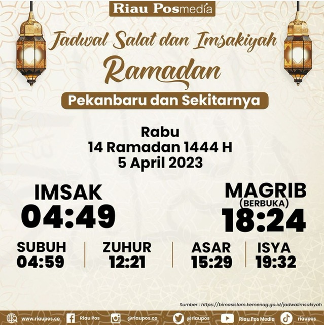 Jadwal imsakiyah dan berbuka puasa hari ini untuk wilayah Pekanbaru dan sekitarnya, Rabu (5/4/2023).