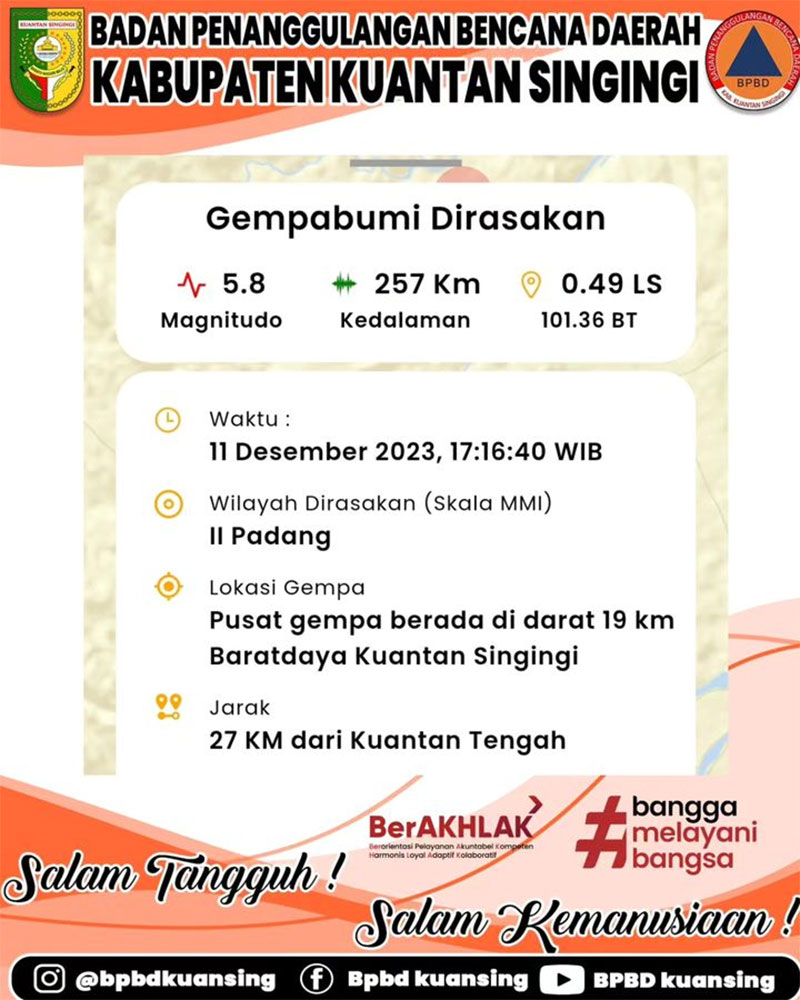 Masyarakat Kabupaten Kuantan Singingi dihebohkan adanya pemberitahuan gempa dari BMKG.