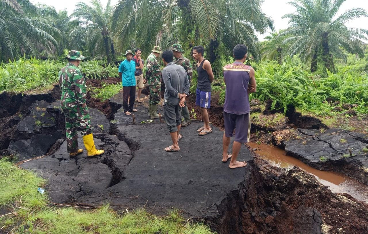 Danramil 01 Bengkalis Kapten Cpl Farimus Hendriko didampingi Kepala Desa Simpang Ayam Mujiono meninjau lokasi perkebunan masyarakat yang terkena dampak longsor dan abrasi, Ahad (11/12/2022) pagi.
