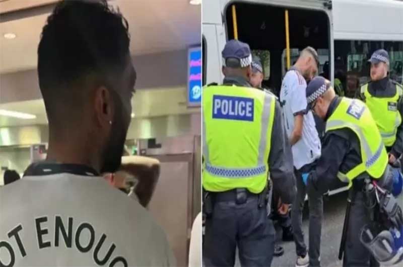 Seorang pendukung Manchester United ditangkap karena mengenakan kaos provokatif saat final Piala FA di Stadion Wembley, Sabtu (3/6).