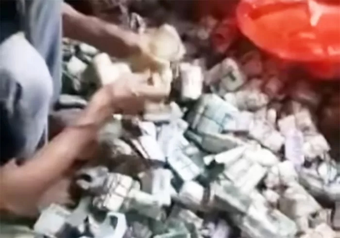 Uang tabungan seorang kakek sedang dihitung keluarga dan tetangga yang cukup banyak.