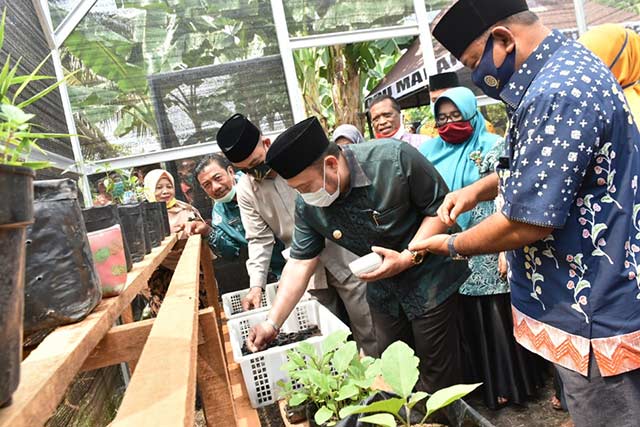 Bupati Kampar Catur Sugeng Susanto bersama Ketua DPRD Kampar Muhammad Faisal melakukan penyemaian bibit pada pencanangan program Ocu Mapan di Kelurahan Langgini, Kamis (11/6/2020). Diskominfo dan Persandian Kampar for Riau Pos