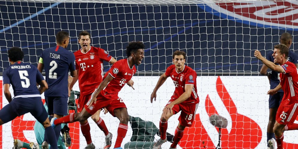 Kinglsey Coman saat merayakan gol kemenangan Bayern Muenchen ke jala Paris Saint Germain di final Liga Champions 2019/2020 lalu. (REUTERS/DAILY MAIL)