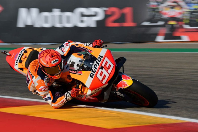 Marc Marquez ketika membalap di MotoGP Aragon.