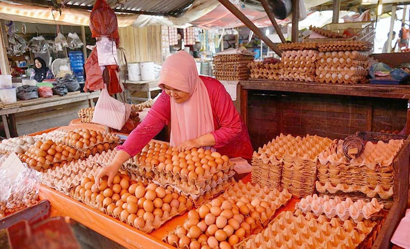 Pedagang menyusun telur ayam di Pasar Cik Puan.  Foto diambil beberapa waktu lalu. MHD AKHWAN/RIAUPOS