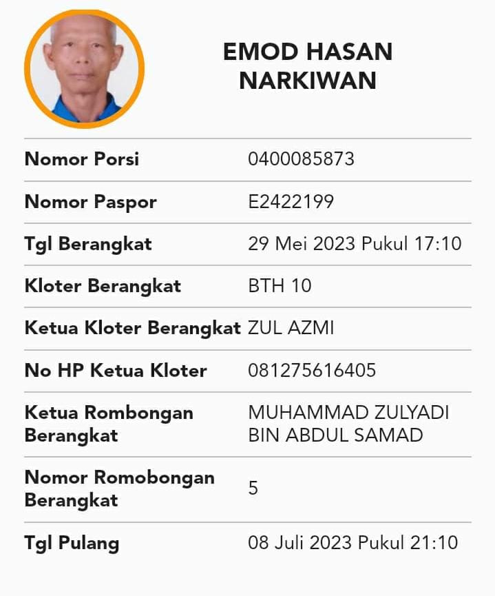 Jemaah atas nama Emod Bin Hasan Narkiwan (64), tergabung dalam Kelompok Terbang (Kloter) 10 BTH meninggal di Mekkah.