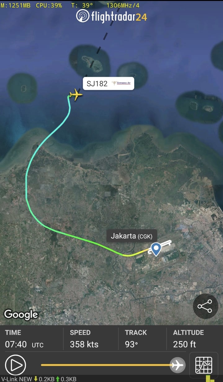 Tangkapan layar radar penerbangan hilangnya pesawat Sriwijaya Air.(IST)