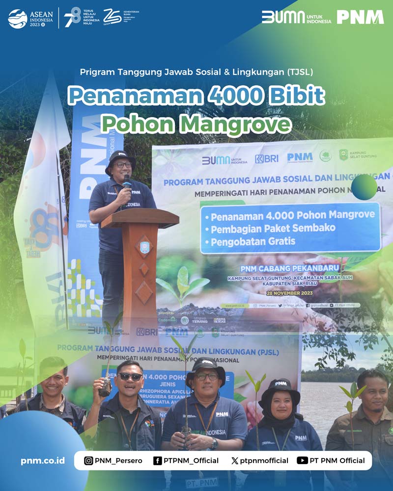 Pimpinan Cabang PT PNM Suhardjo saat memberikan kata sambutan dalam kegiatanÂ penanaman 4.000 bibit batang bakau di Kampung Selat Guntung yang digelar beberapa waktu lalu.
