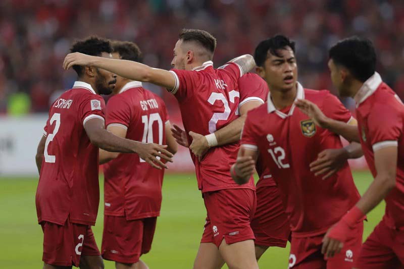 Para pemain tim nasional Indonesia saat merayakan gol dalam sebuah pertandingan internasional, beberapa waktu lalu. Tiket pertandingan antara indonesia melawan Palestina di Stadion Bung Tomo, Surabaya, Rabu (14/6/2023) sudah terjual habis.