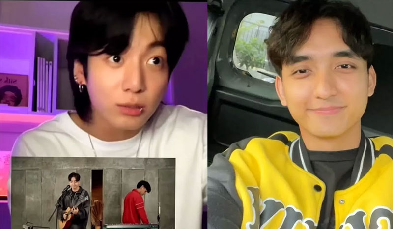 Jungkook (kiri) melihat video cover Reza Darmawangsa melakukan lagu &rsquo;Seven&rsquo;. Reza Darmawangsa (kanan).