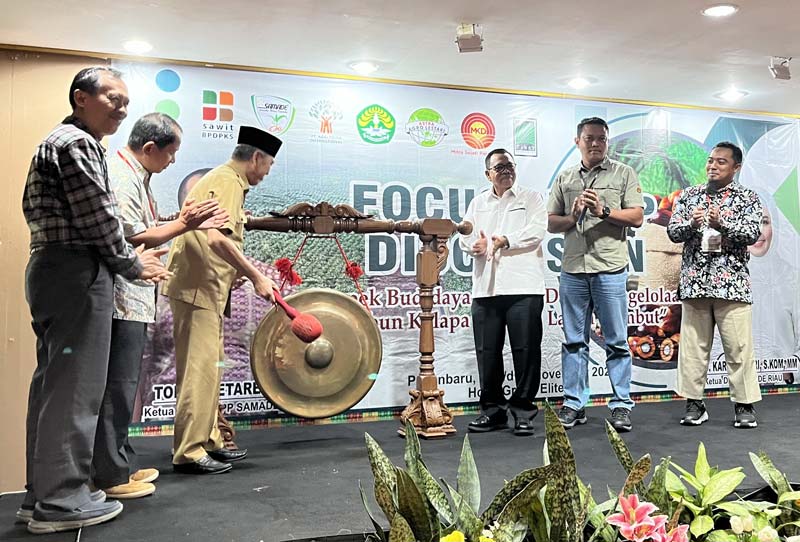 Pemukulan gong oleh Kadisbun Provinsi Riau Zulfadli sekaligus menjadi penanda bahwa FGD yang digelar Samade resmi dimulai di Grand Elite Hotel Pekanbaru, Selasa (21/11/2023).