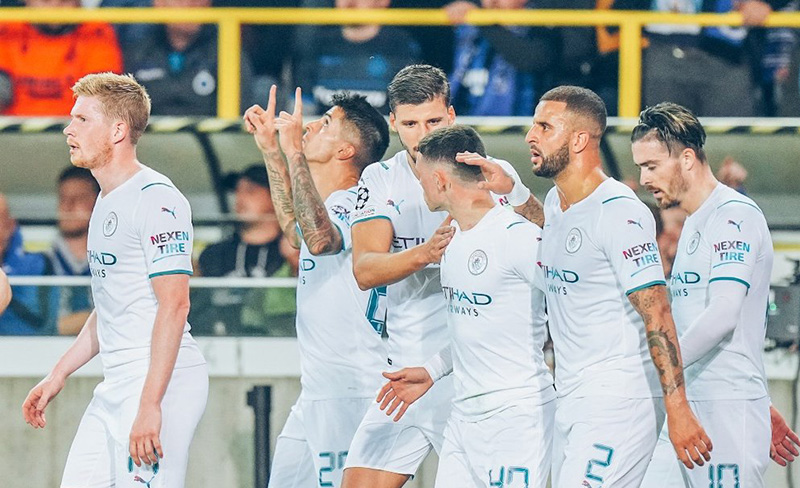 Para pemain Manchester City saat merayakan gol ke jala Club Brugge dalam lanjutan Liga Champions di Stadion Jan Braydel, Bruges, Selasa (19/10/2021) malam WIB.