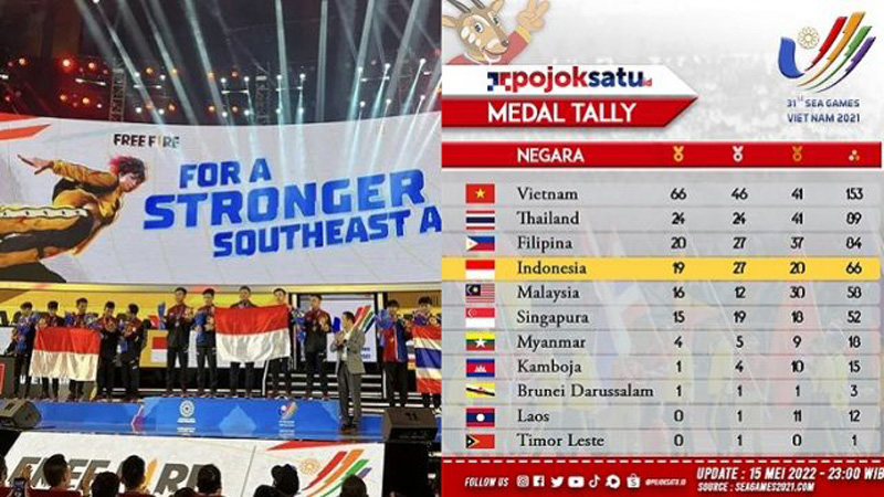 Tim Free Fire Indonesia meraih medali emas dan perak SEA Games 2021, Ahad (15/5/2022) malam WIB. (Foto kanan) klasemen terbaru medali SEA Games 2021.