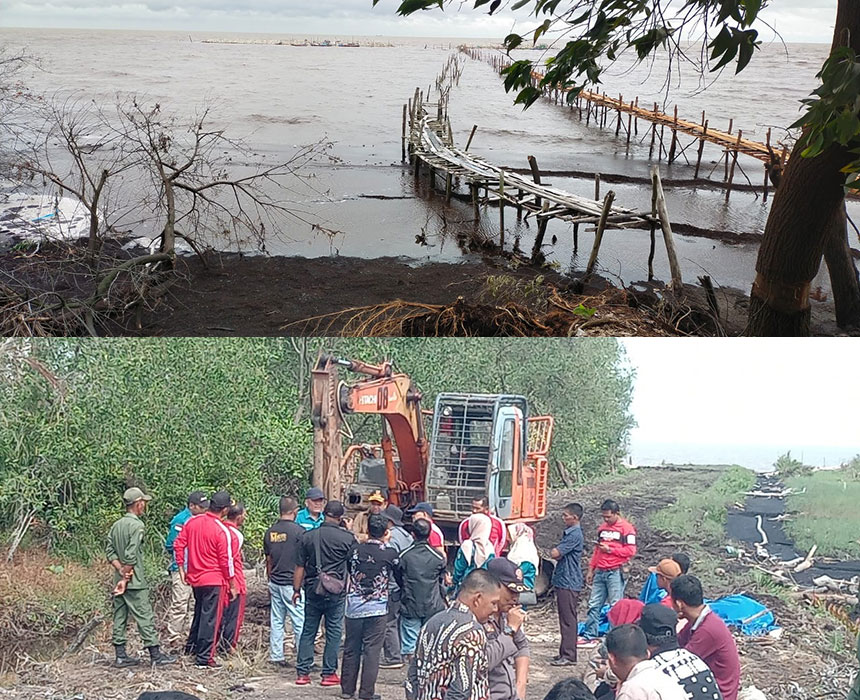 Kerusakan lingkungan tidak hanya dari abrasi pinggir pantai, namun erosi lahan gambut yang berada di bibir pantai Desa Simpang Ayam, Bengkalis (atas). Warga Desa Muntai Kecamatan Bantan terlihat menolak pembangunan tambak udang di dedasanya karena dinilai