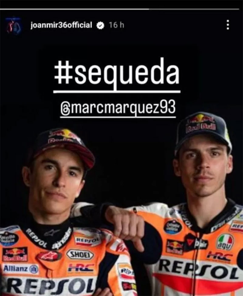 Story Instagram Joan Mir yang diduga memberikan pesan tentang masa depan Marc Marquez.