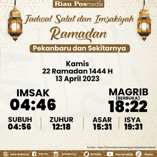 Jadwal salat dan imsakiyah ramadan, Kamis (13/4/2023).