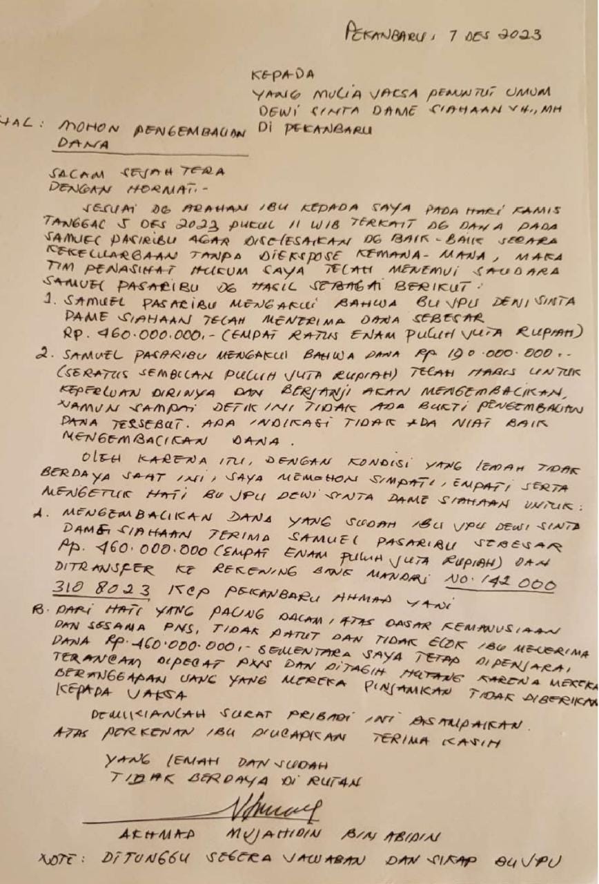 Tangkapan layar Pdf Surat Tulisan Tangan Akhmad Mujahidin yang mengaku memberikan uang ratusan juga ke JPU agar bebas dari hukuman.