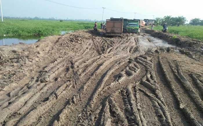 Jalan lintas provinsi di Desa Sontang menuju Desa Kasang Padang, Bonai Darussalam, Rohul, mengalami rusak parah dan berkubang seperti sawah. Foto diambil belum lama ini.