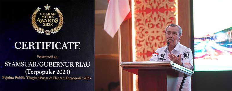 Gubernur Riau Syamsuar terpilih sebagai Pejabat Publik Terpopuler Tahun 2023 pada Golkar Media Award yang ditaja portal berita www.kabargolkar.com.