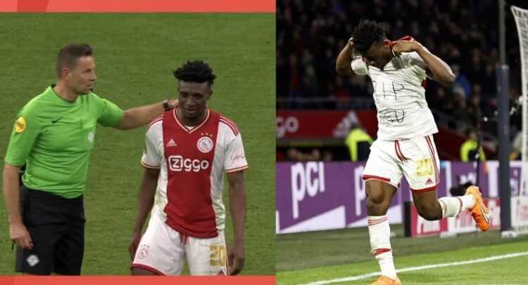 Wasit Pol van Boekel saat berbincang dengan Mohammed Kudus usai melakukan selebrasi gol (kiri). Mohammed Kudus melakukan selebrasi gol dengan membuka kaus dan menunjukkan tulisan