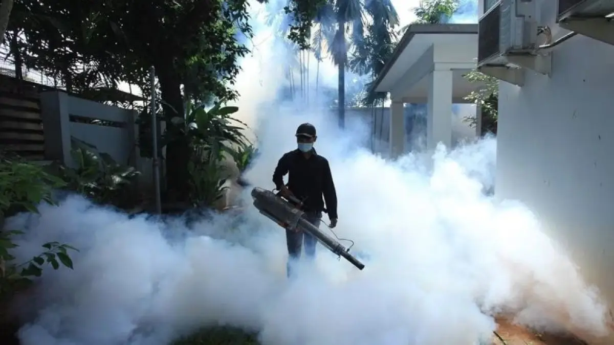 Ilustrasi petugas melakukan pengasapan (fogging) di permukiman warga.