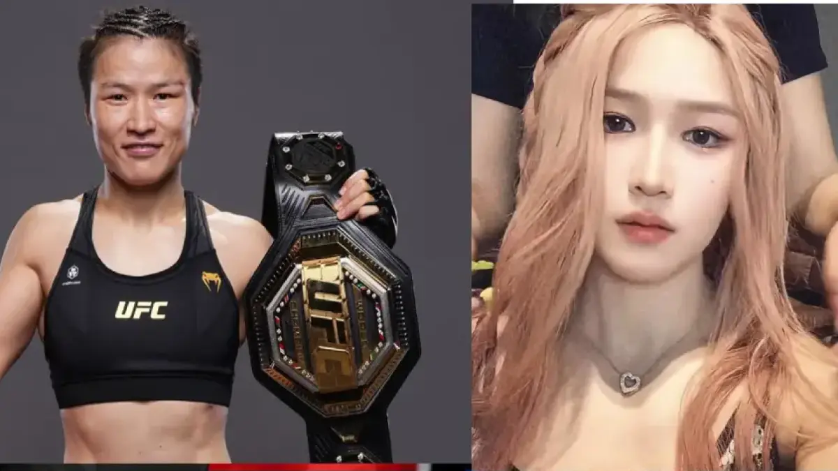 Zhang Weili berubah total saat dirias. Weili saat bertarung (kiri) dan saat dirias (kanan).