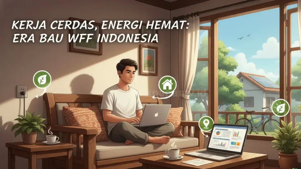 Ilustrasi pekerja WFH dari rumah dengan laptop, simbol kebijakan kerja fleksibel dan hemat energi